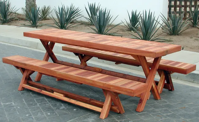 Rectangular Folding Picnic Table (Options: 72" L, 35" W, Folding Side Benches, Redwood, 1 Full Length Bench/Side, Seamless Tabletop, Boards in Same Direction, Squared Corners, Umbrella Hole & Plug (1 5/8"), Transparent Premium Sealant).