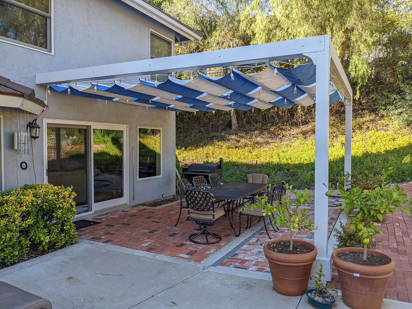 Retractable Canopy Pergola, 16' L x 16' W, Mosaic Redwood, in San Diego, California