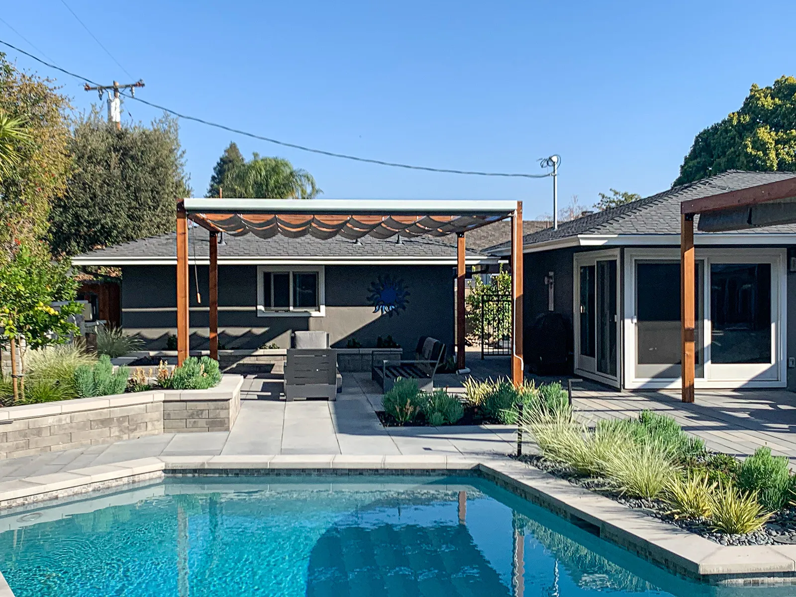 Retractable Canopy Pergola, 17' L x 16' W, California Redwood, in San Jose, CA