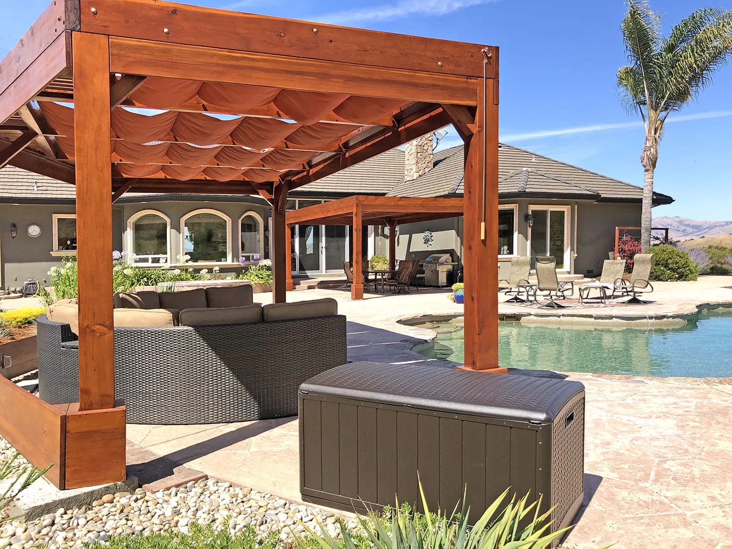 Custom Retractable Canopy Pergola, 20' x 12', Mature Redwood, in Hollister, CA