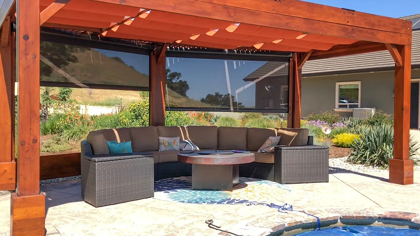 Custom Retractable Canopy Pergola, 20' x 12', Mature Redwood, in Hollister, CA