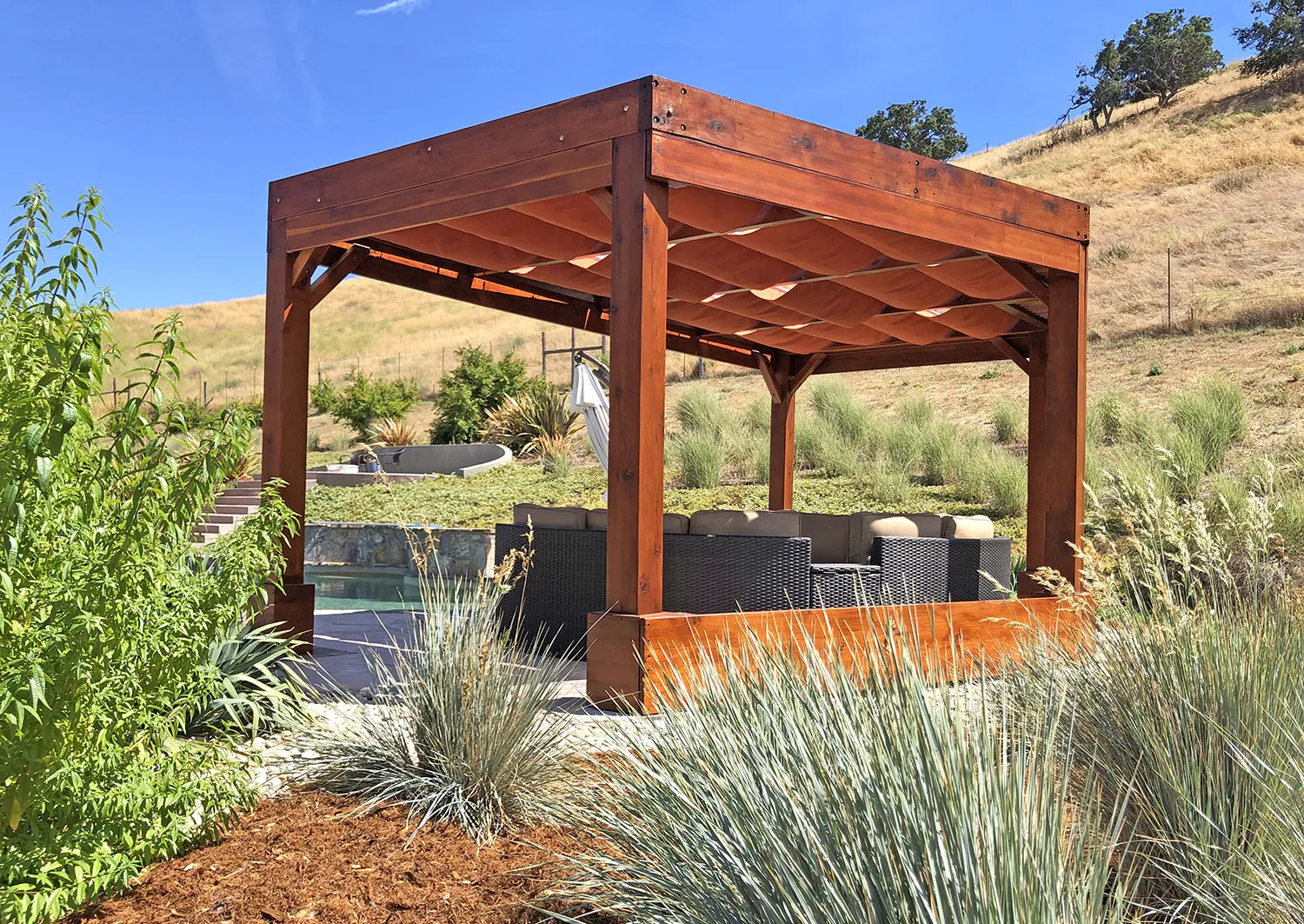 Custom Retractable Canopy Pergola, 20' x 12', Mature Redwood, in Hollister, CA
