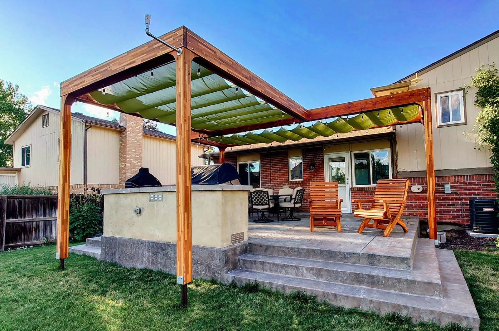 Custom T Shape Retractable Canopy Pergola, 21' x 24', Mosaic Redwood & California Redwood, in Westminster, CO