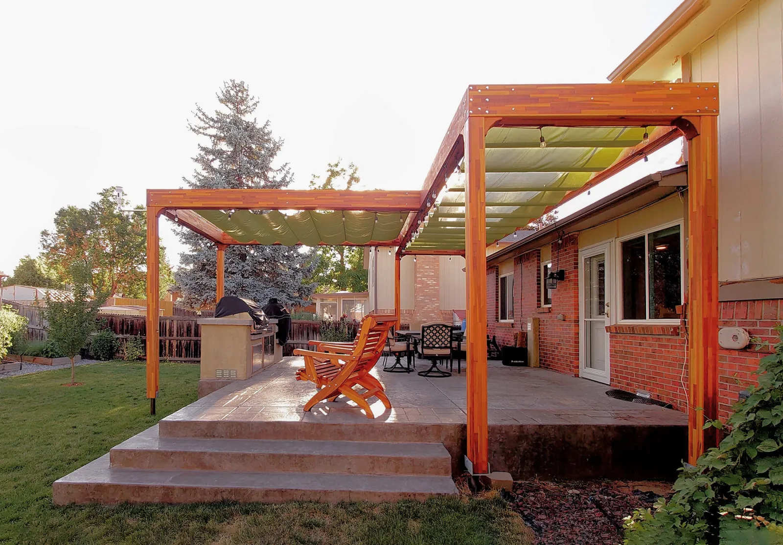 Custom T Shape Retractable Canopy Pergola, 21' x 24', Mosaic Redwood & California Redwood, in Westminster, CO