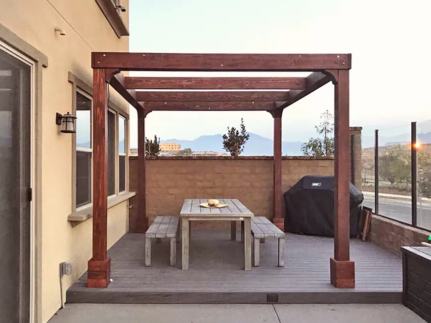 Retractable Canopy Pergola (Options: 14' L x 10' W, No Privacy Panel, California Redwood, 9ft Post Height, No Electrical Wiring Trim, 4-Post Anchor Kit for Concrete, No Post Decorative Trim, No Ceiling Fan Base, No Curtain Rods, Coffee-Stain Premium Sealant). Photo Courtesy of D. Kim of Rancho Mission Vieja, CA.