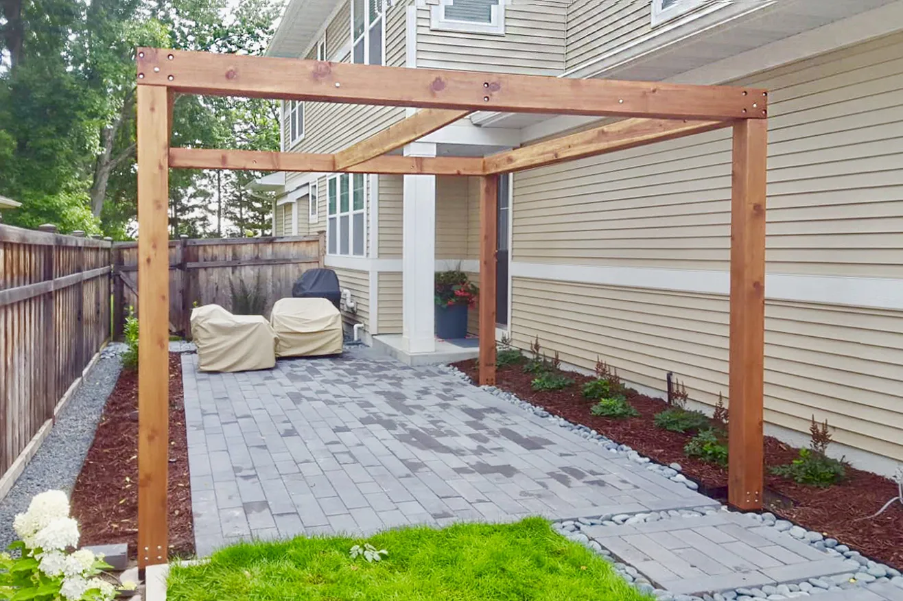 Retractable Canopy Pergola, 14' L x 12' W, California Redwood, in Edina, Minnesota