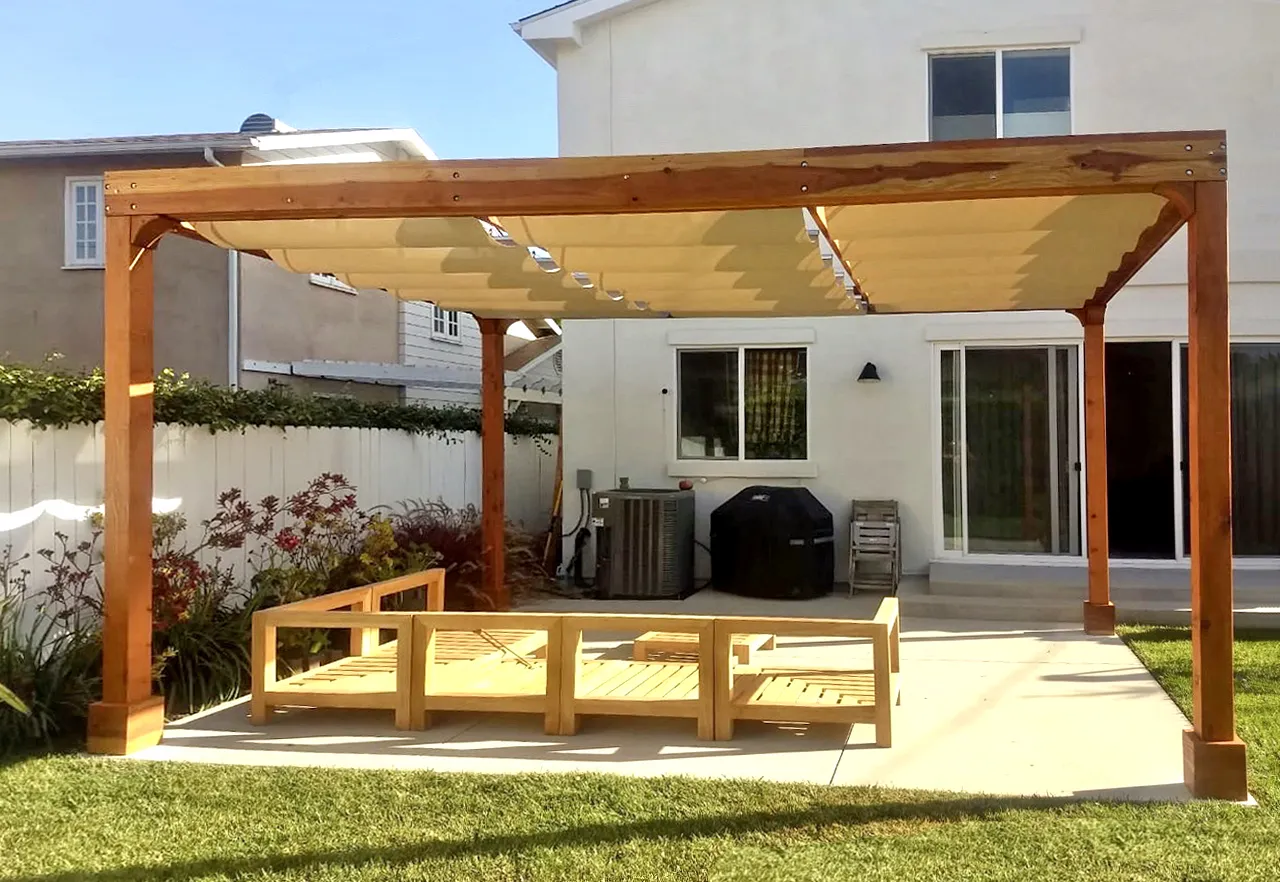 Retractable Canopy Pergola, 18' L x 14' W, California Redwood, in Los Angeles, California