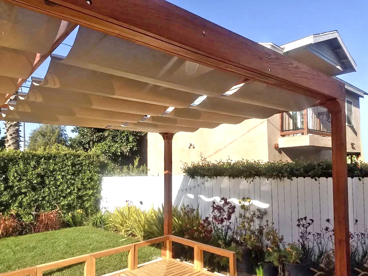 Retractable Canopy Pergola, 18' L x 14' W, California Redwood, in Los Angeles, California