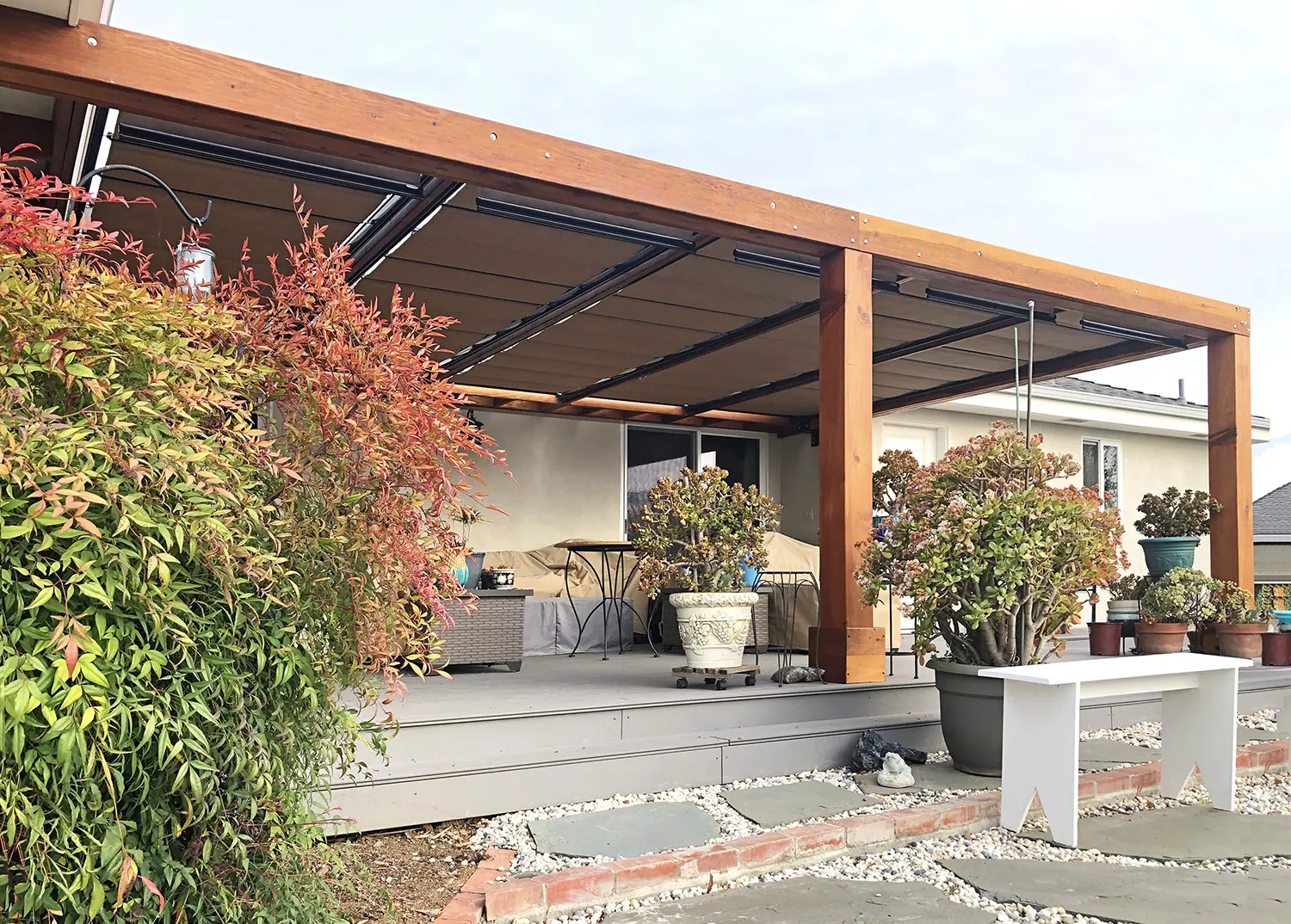 Retractable Canopy Pergola, 25' L x 16' W, California Redwood, in San Jose, California