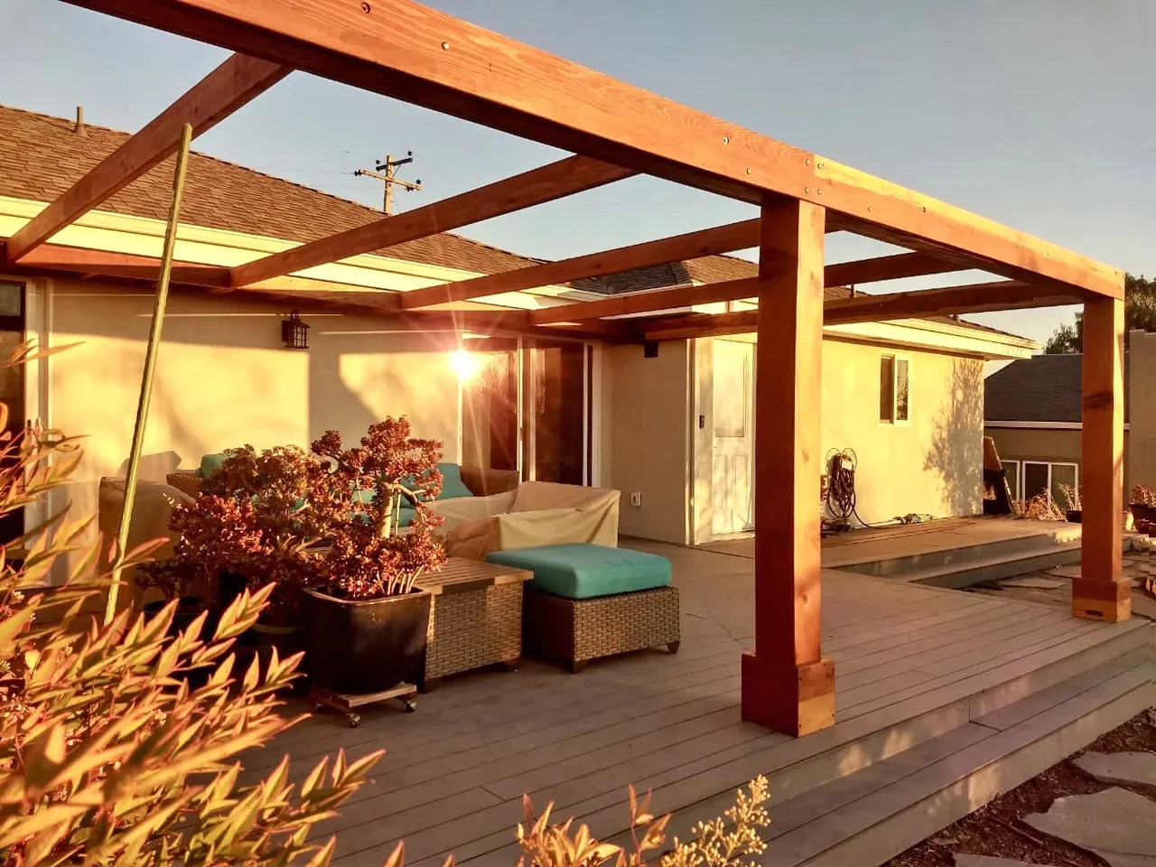 Retractable Canopy Pergola, 25' L x 16' W, California Redwood, in San Jose, California