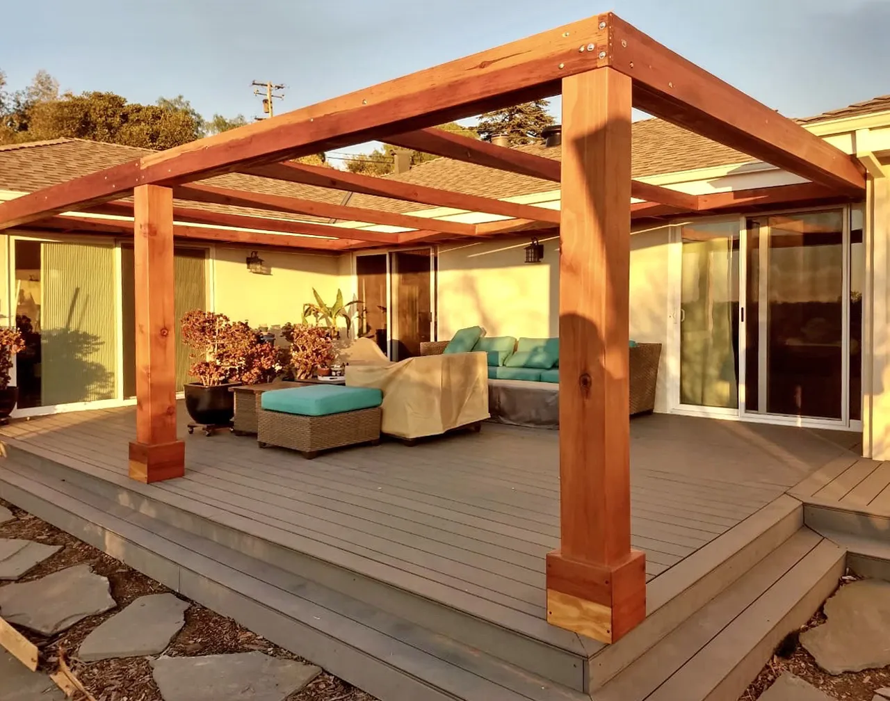 Retractable Canopy Pergola, 25' L x 16' W, California Redwood, in San Jose, California
