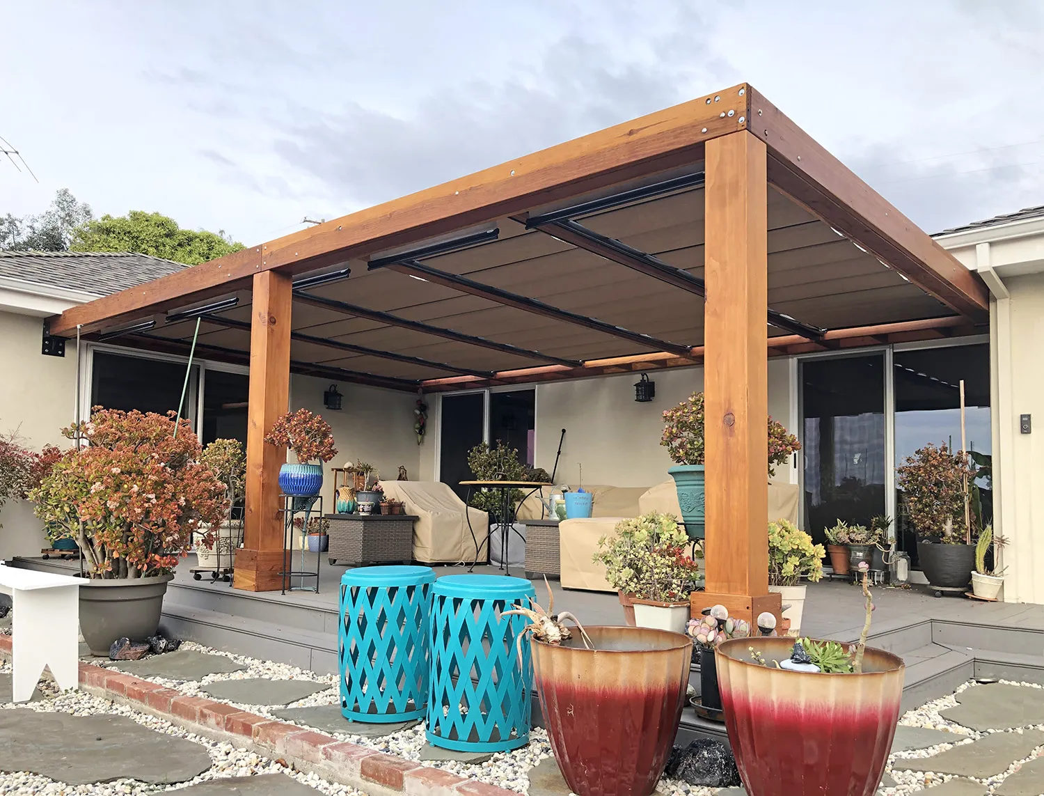 Retractable Canopy Pergola, 25' L x 16' W, California Redwood, in San Jose, California