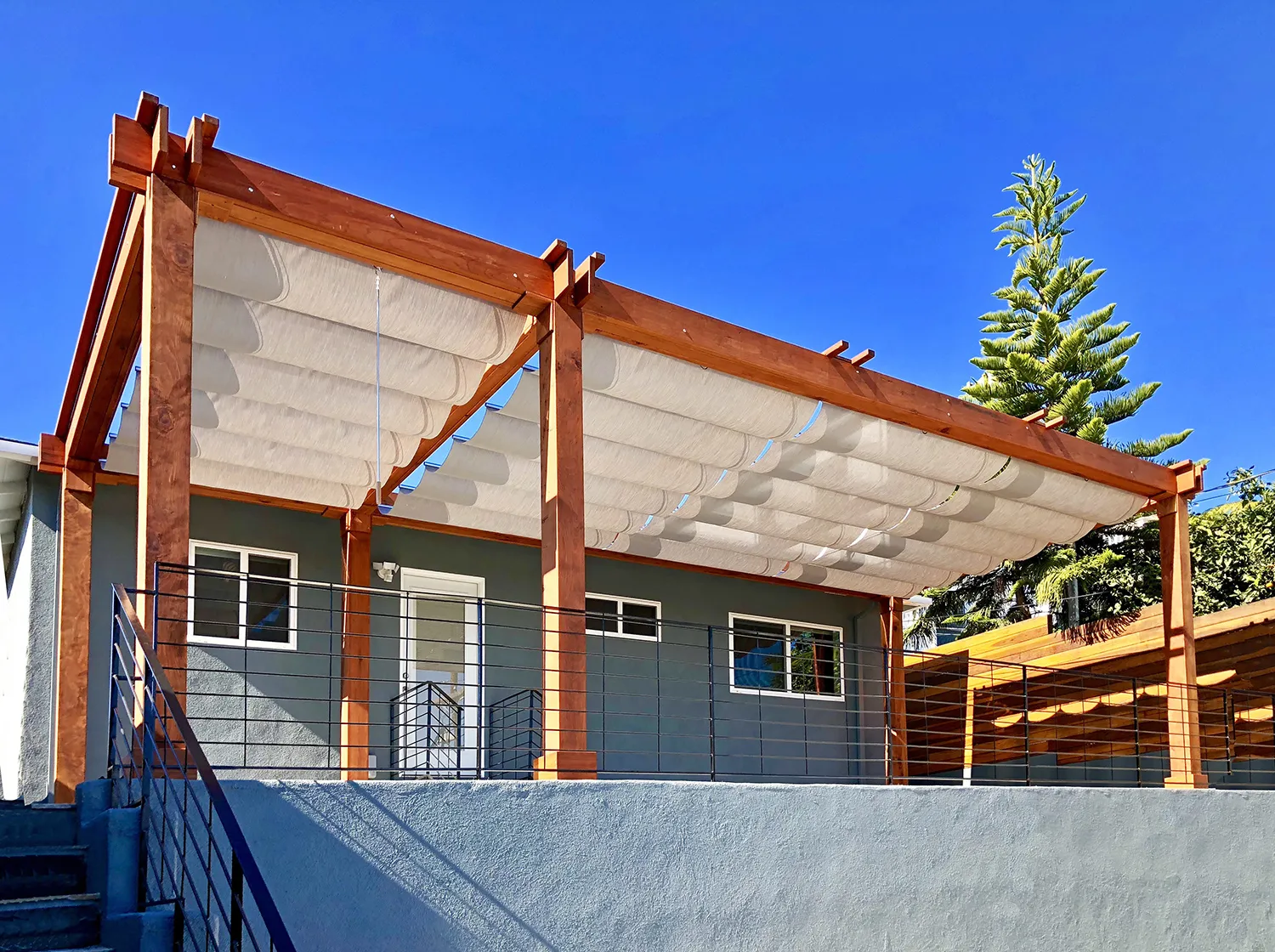 Retractable Canopy Pergola, 30' L x 12' W, Mature Redwood, in Venice, CA