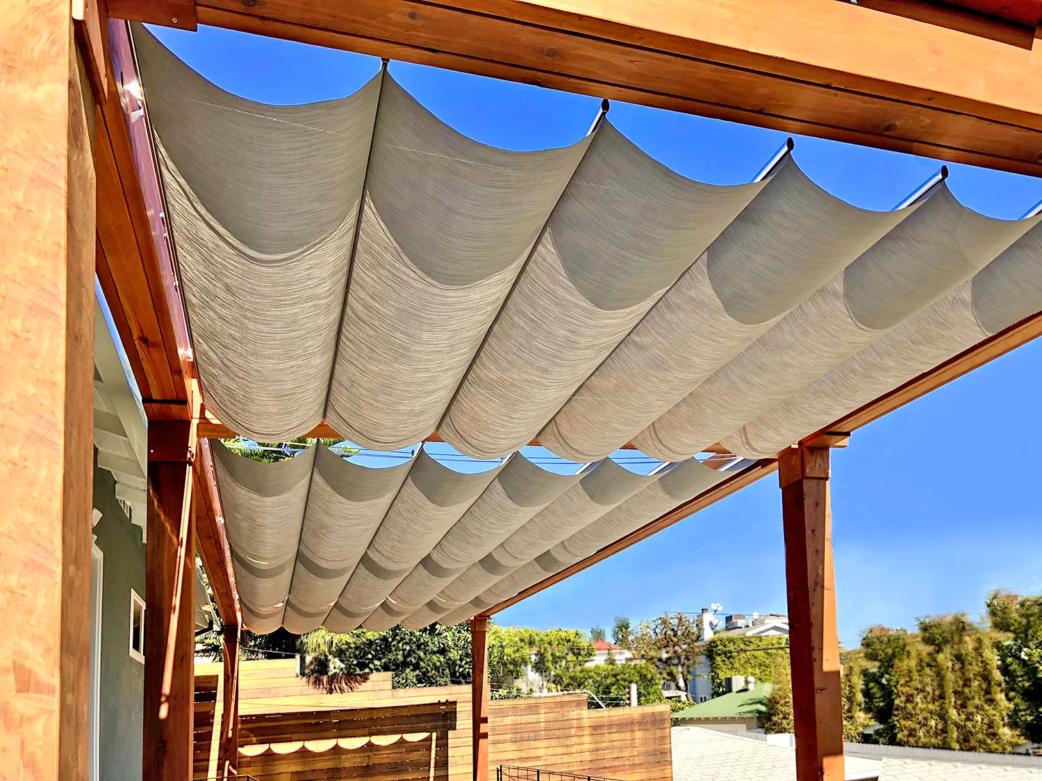 Retractable Canopy Pergola, 30' L x 12' W, Mature Redwood, in Venice, CA