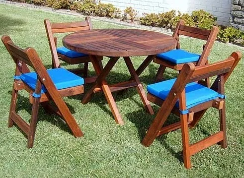 Round Folding Table (Options: 42", 4 Folding Chairs, Old-Growth Redwood, Custom Seat Cushions, Standard Tabletop, Checkerboard Design Tabletop, Visible Screw Placement, No Umbrella Hole, Transparent Premium Sealant).