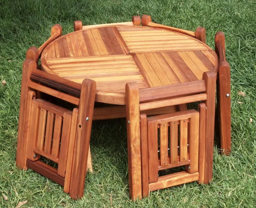 Round Folding Wood Table for Kids (Options: 39" Diameter, Redwood, 6 Folding Chairs, Umbrella Hole & Plug, Seamless Tabletop, Transparent Premium Sealant).