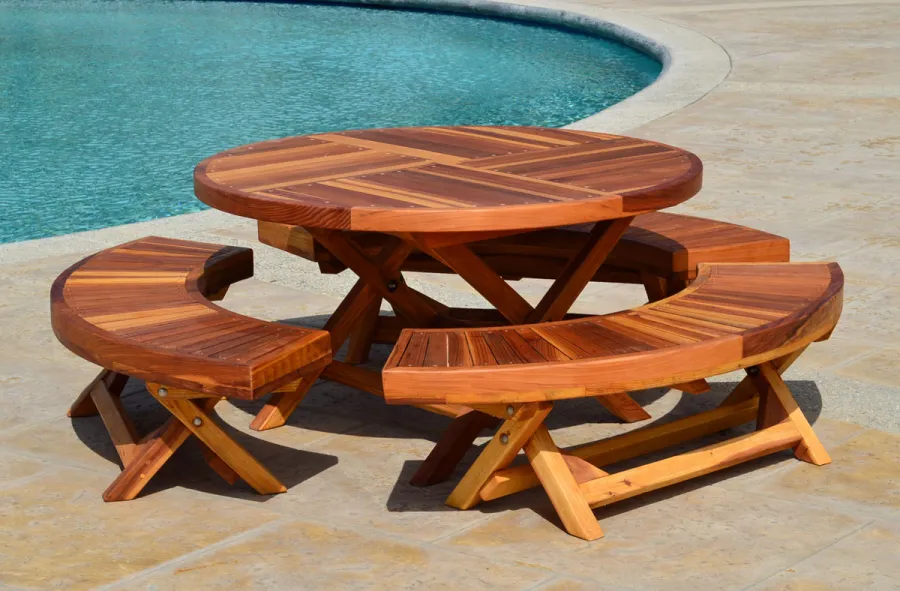 Round Folding Wood Table for Kids (Options: 42" Diameter, Redwood, 3 Folding Benches, No Umbrella Hole, Standard Tabletop, Transparent Premium Sealant).