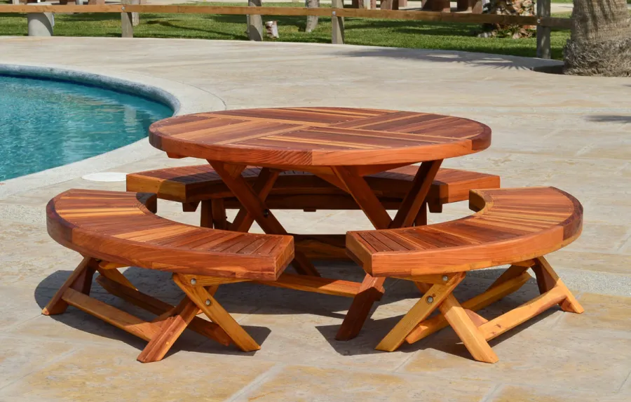Round Folding Wood Table for Kids (Options: 42" Diameter, Redwood, 3 Folding Benches, No Umbrella Hole, Standard Tabletop, Transparent Premium Sealant).