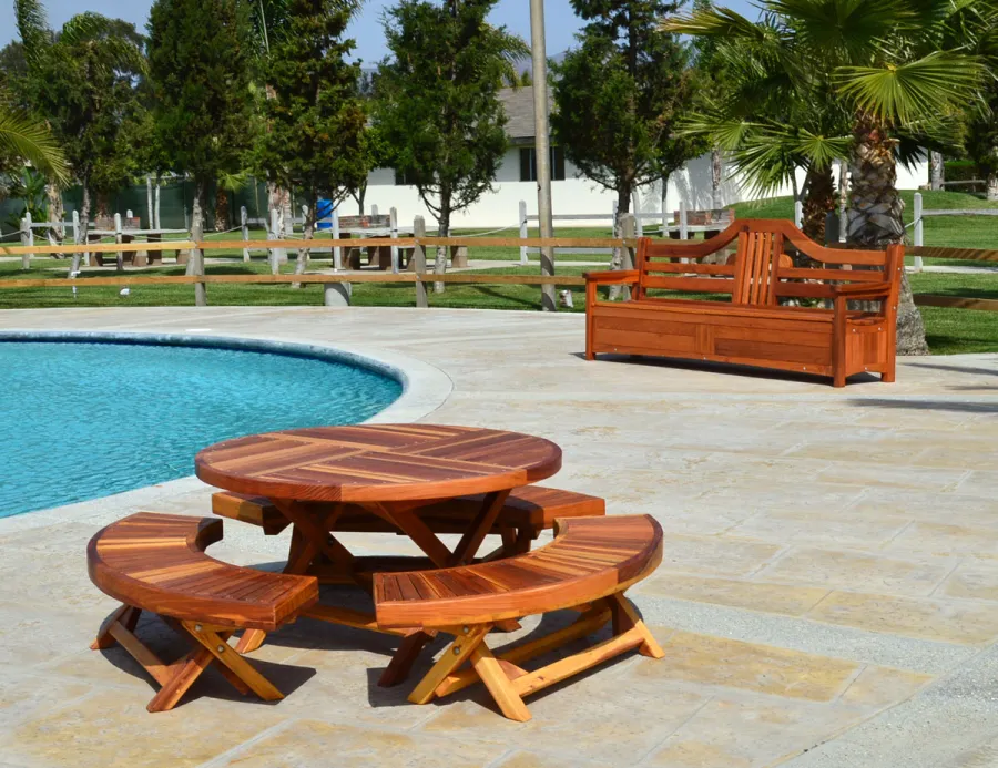 Round Folding Wood Table for Kids (Options: 42" Diameter, Redwood, 3 Folding Benches, No Umbrella Hole, Standard Tabletop, Transparent Premium Sealant). Alan's Storage Bench shown in background.