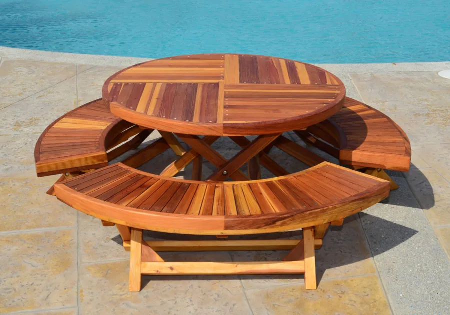 Round Folding Wood Table for Kids (Options: 42" Diameter, Redwood, 3 Folding Benches, No Umbrella Hole, Standard Tabletop, Transparent Premium Sealant).