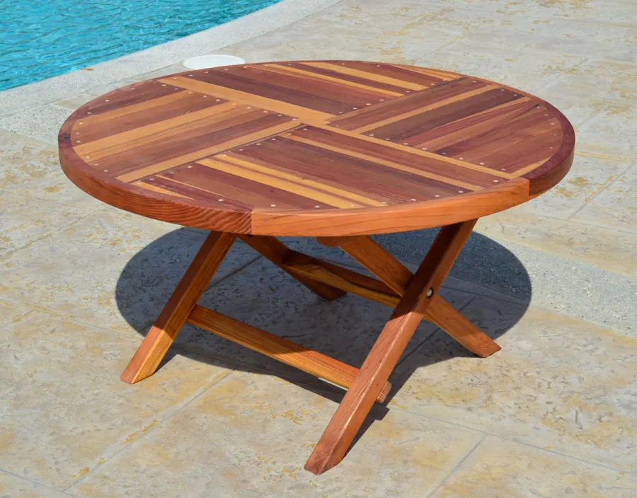 Round Folding Wood Table for Kids (Options: 42" Diameter, Redwood, No Seating, No Umbrella Hole, Standard Tabletop, Transparent Premium Sealant).