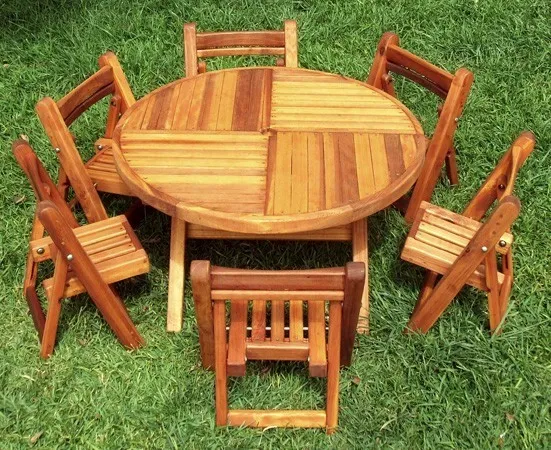 Round Folding Wood Table for Kids (Options: 39" Diameter, Redwood, 6 Folding Chairs, Umbrella Hole & Plug, Seamless Tabletop, Transparent Premium Sealant).