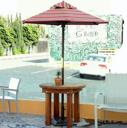 Round Outdoor Patio Table (Options: 2.5 ft, No Seating, Old-Growth Redwood, Parquet Tabletop, No Lazy Susan, Umbrella Hole, Transparent Premium Sealant). 