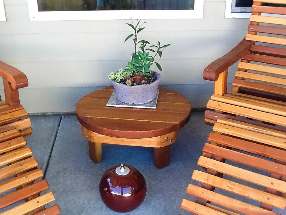 Round Solid Wood Side Table, Redwood, in Star, Idaho