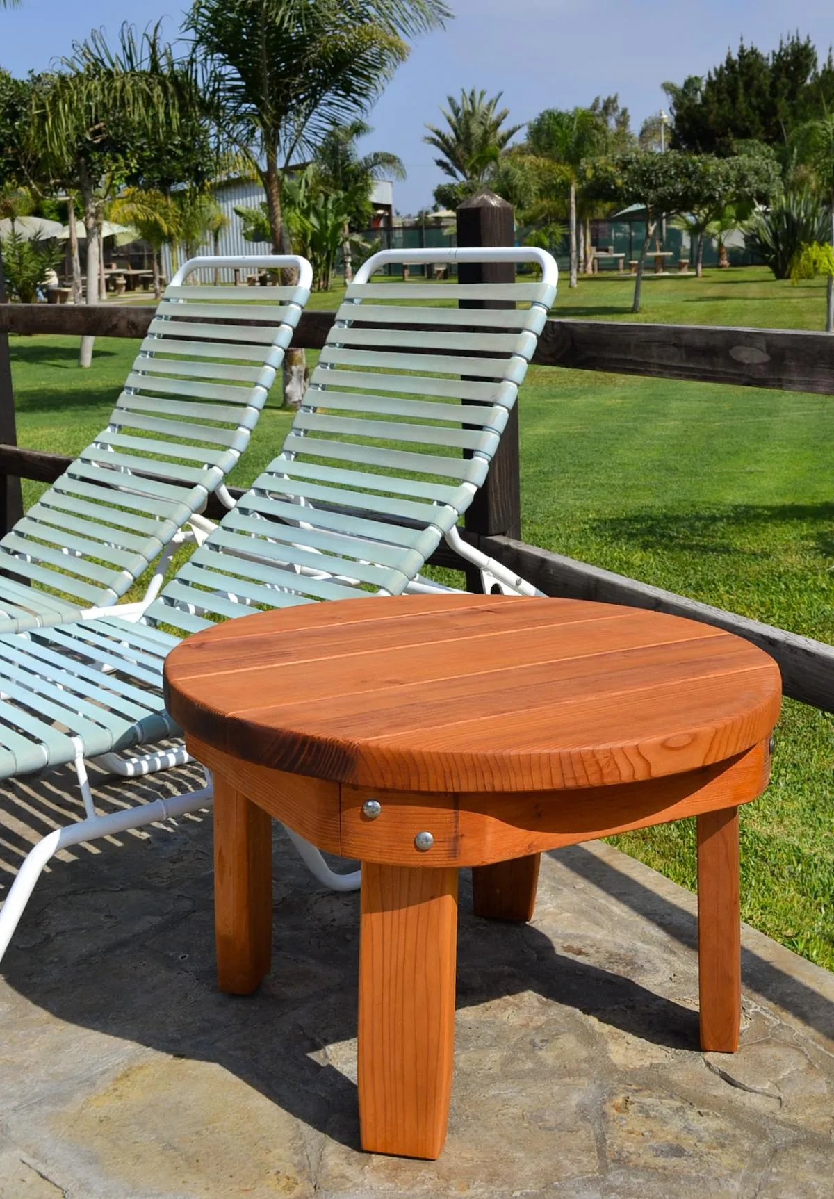 Round Solid Wood Side Table, Mature Redwood