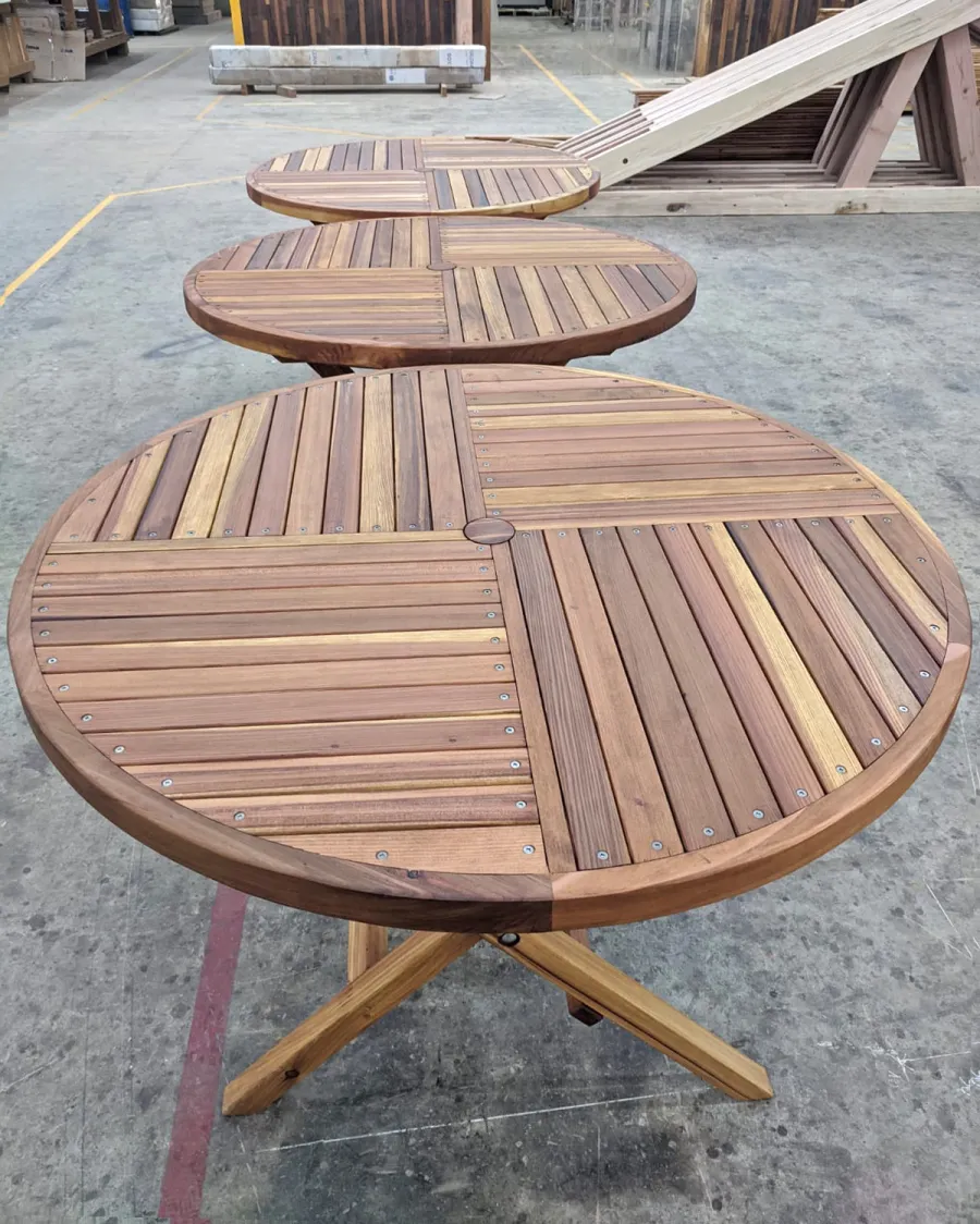 Round Wood Folding Picnic Table in Production (Options: 42", Folding Arc Benches, California Redwood, 4 Folding Arc Benches, Standard Tabletop, Checkerboard Design Tabletop, 2" Umbrella Hole & Plug, Transparent Premium Sealant).