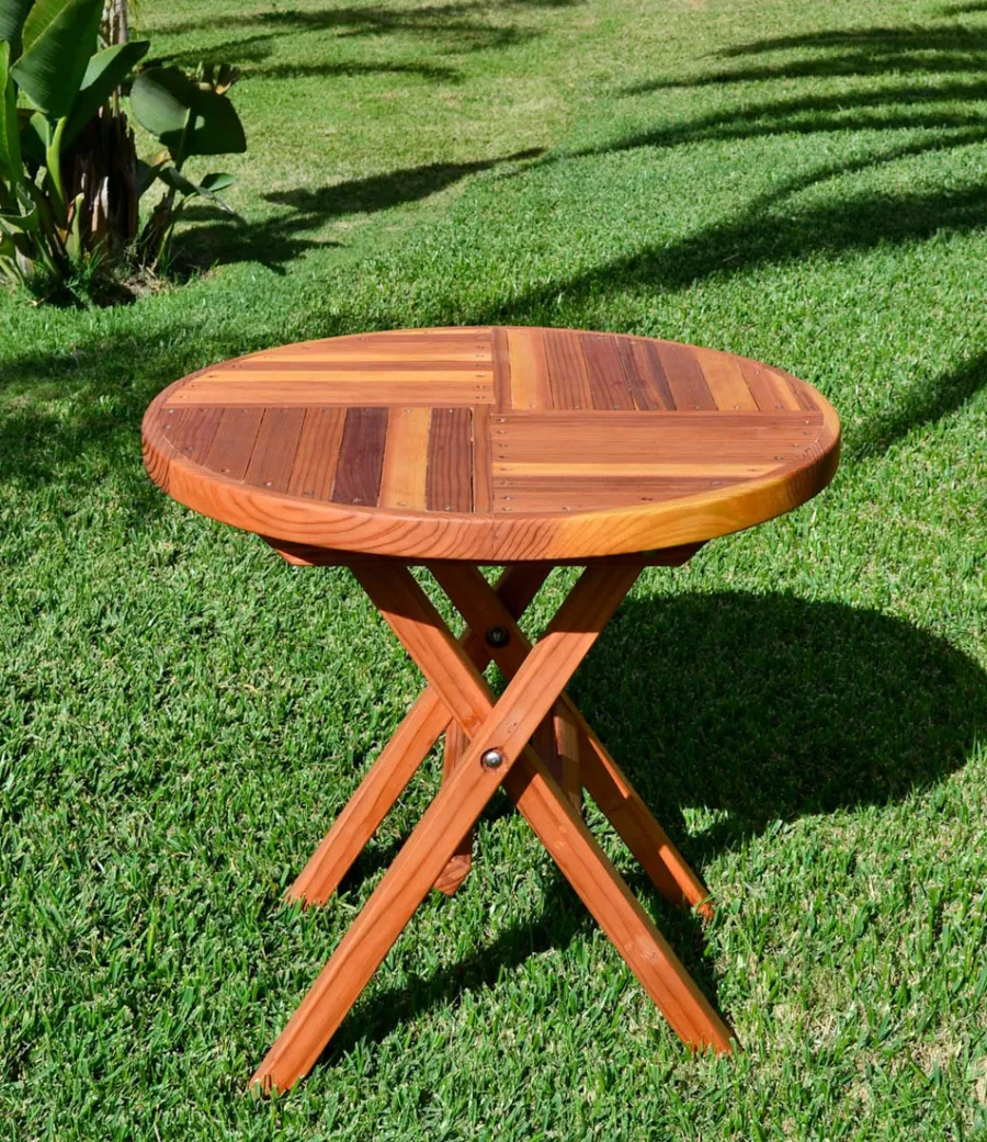 Round Wood Folding Picnic Table (Options: Custom Size - 30 inch diameter, No Seating, Redwood, Standard Tabletop, Checkerboard Design Tabletop, No Umbrella Hole, Transparent Premium Sealant).