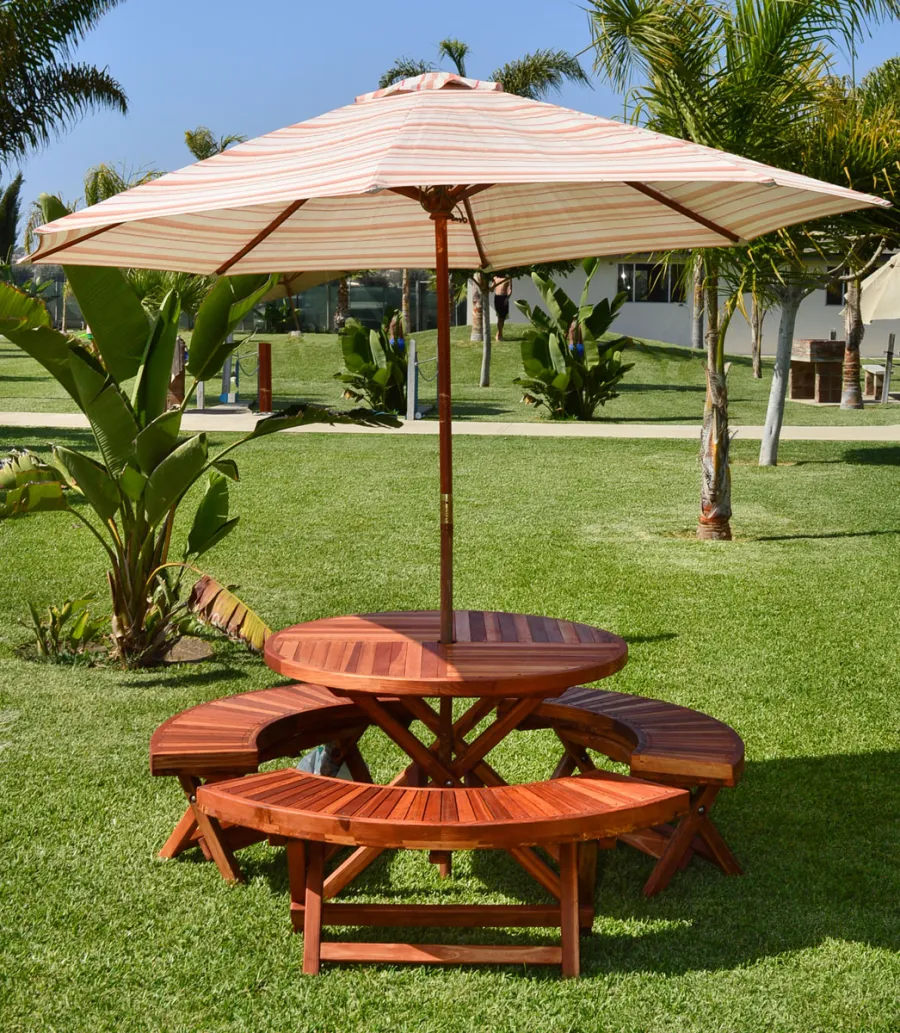 Round Wood Folding Picnic Table (Options: 42", Folding Arc Benches, Redwood [with some Mosaic Redwood boards at the bottom of the seat by custom request], 3 Folding Arc Benches, Standard Tabletop, Checkerboard Design Tabletop, Umbrella Hole & Plug, Transparent Premium Sealant). Umbrella not included.