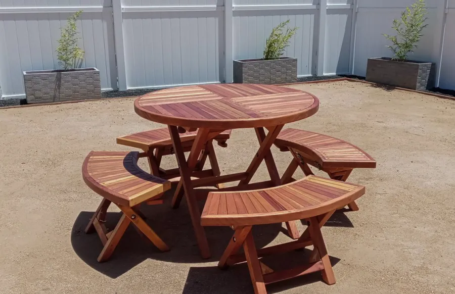 Round Wood Folding Picnic Table (Options: 42", Folding Arc Benches, California Redwood, 4 Folding Arc Benches, Standard Tabletop, Checkerboard Design Tabletop, 1 5/8" Umbrella Hole & Plug, Transparent Premium Sealant). Photo Courtesy of R. Jimenez of Whittier, CA.