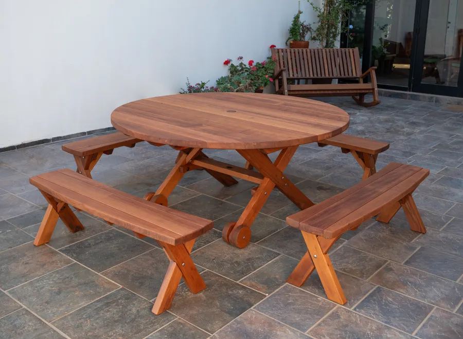 Round Wood Picnic Table with Wheels (Options: 5'-6" Diameter, Unattached Benches, Old- Growth Redwood, Custom Arc Picnic Benches, Standard Tabletop, No Lazy Susan, 2" Umbrella Hole & Plug, Transparent Premium Sealant).