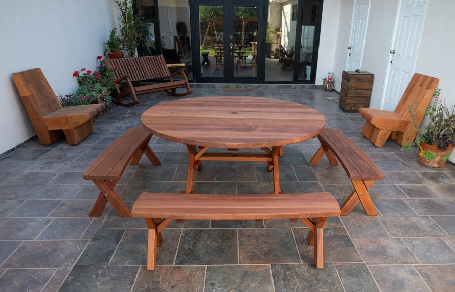 Round Wood Picnic Table with Wheels (Options: 5'-6" Diameter, Unattached Benches, Old- Growth Redwood, Custom Arc Picnic Benches, Standard Tabletop, No Lazy Susan, 2" Umbrella Hole & Plug, Transparent Premium Sealant).