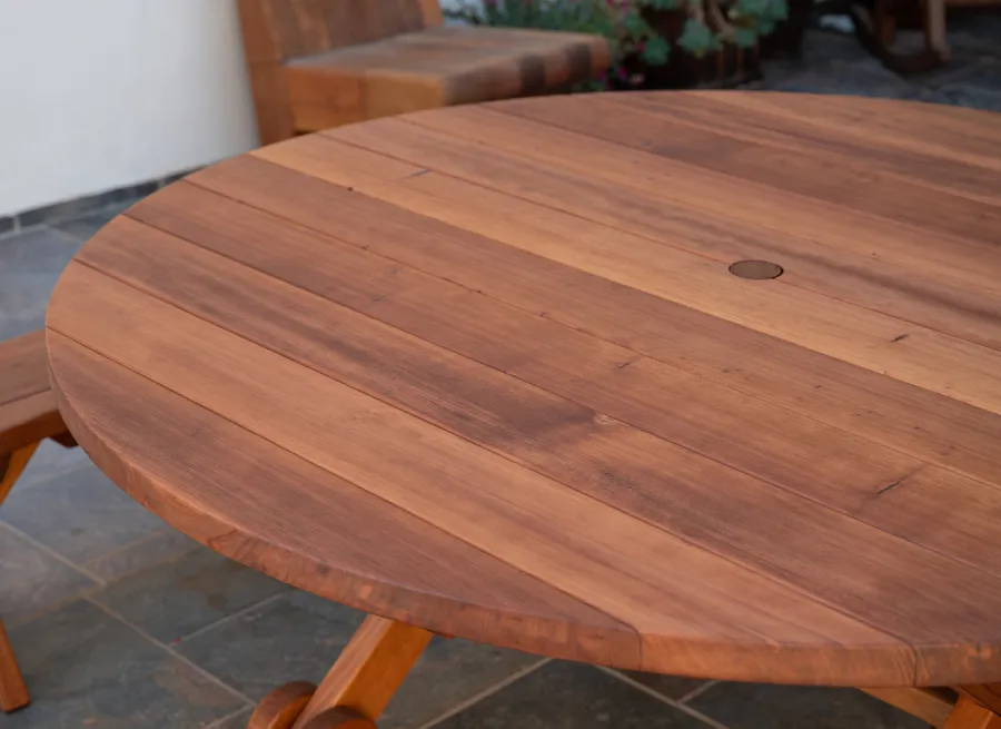 Round Wood Picnic Table with Wheels (Options: 5'-6" Diameter, Unattached Benches, Old- Growth Redwood, Custom Arc Picnic Benches, Standard Tabletop, No Lazy Susan, 2" Umbrella Hole & Plug, Transparent Premium Sealant).