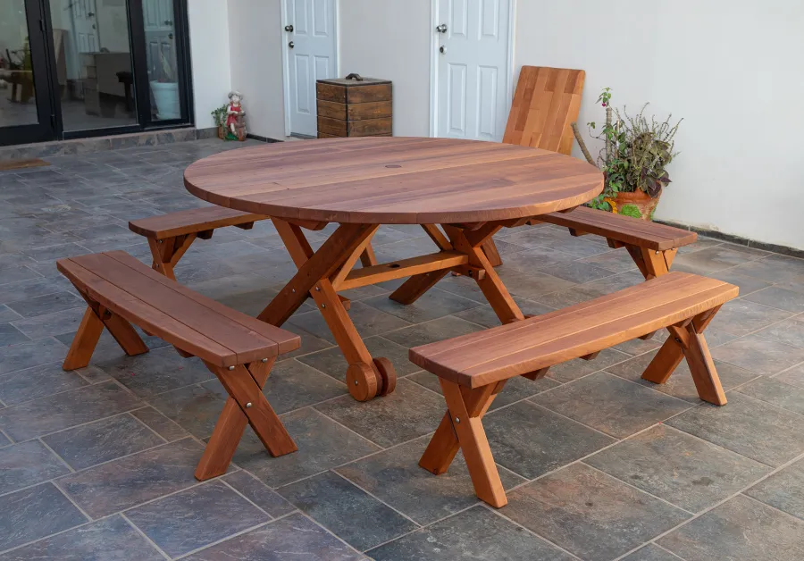 Round Wood Picnic Table with Wheels (Options: 5'-6" Diameter, Unattached Benches, Old- Growth Redwood, Custom Arc Picnic Benches, Standard Tabletop, No Lazy Susan, 2" Umbrella Hole & Plug, Transparent Premium Sealant).