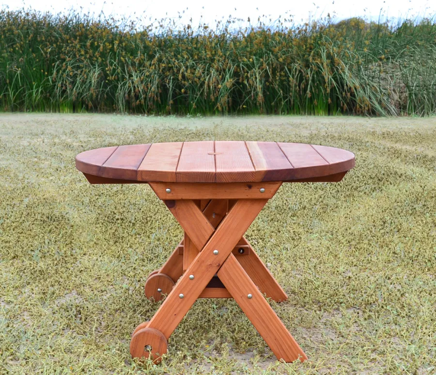 Round Wood Picnic Table with Wheels (Options: 3.5' Diameter, No Seating, Redwood, Standard Tabletop, No Lazy Susan, Umbrella Hole, Transparent Premium Sealant).