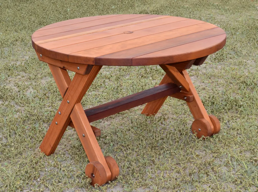 Round Wood Picnic Table with Wheels (Options: 3.5' Diameter, No Seating, Redwood, Standard Tabletop, No Lazy Susan, Umbrella Hole, Transparent Premium Sealant).