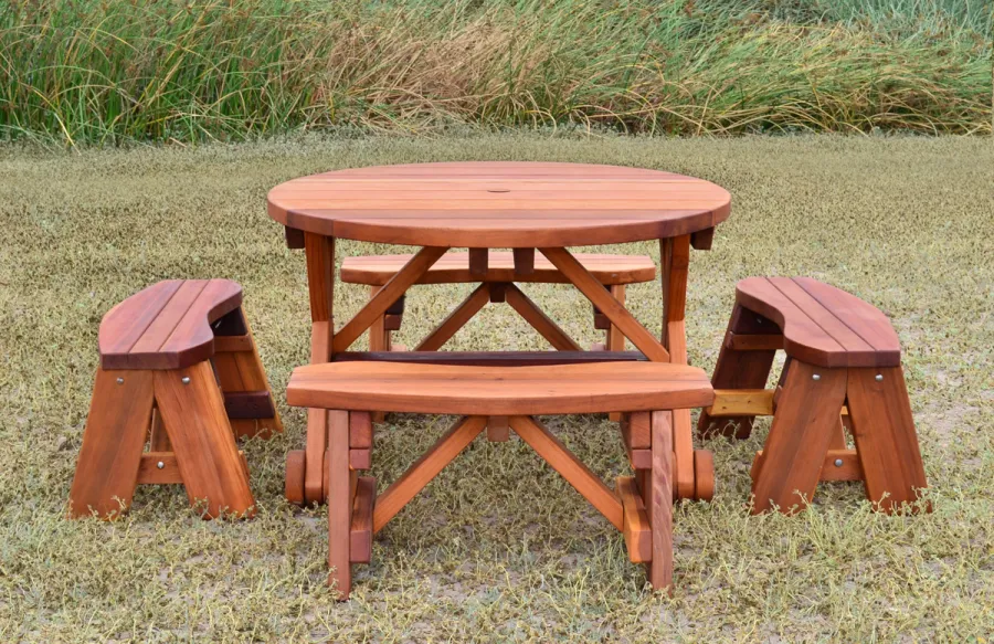 Round Wood Picnic Table with Wheels (Options: 3.5' Diameter, Unattached Benches,  Redwood, Round Picnic Benches, Standard Tabletop, No Lazy Susan, Umbrella Hole, Transparent Premium Sealant).