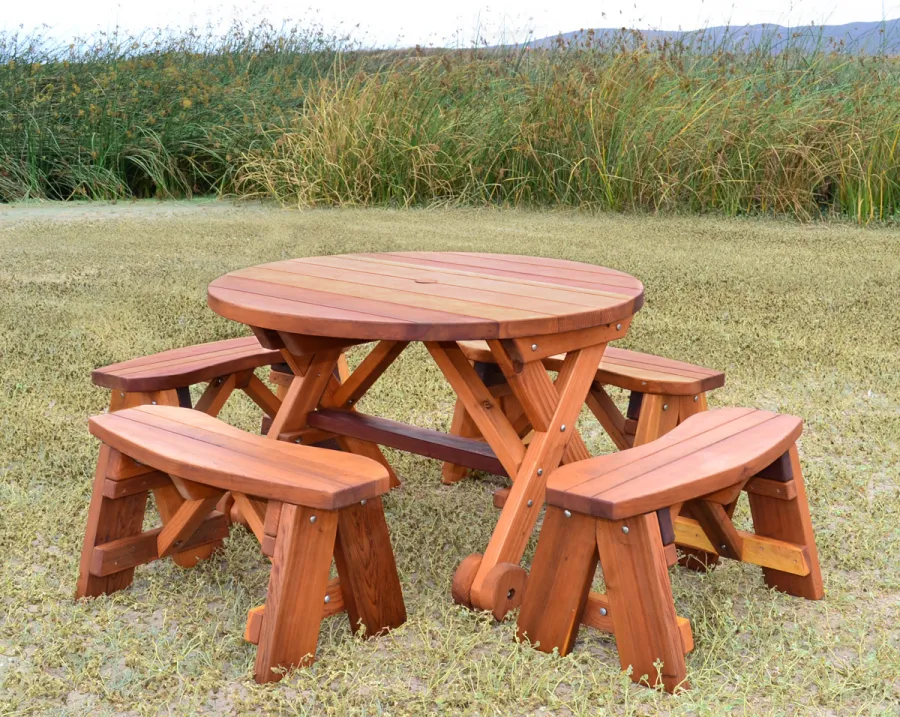 Round Wood Picnic Table with Wheels (Options: 3.5' Diameter, Unattached Benches,  Redwood, Round Picnic Benches, Standard Tabletop, No Lazy Susan, Umbrella Hole, Transparent Premium Sealant).