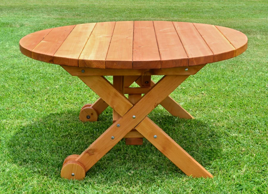 Round Wood Picnic Table with Wheels (Options: 5' Diameter, No Seating, Redwood, Standard Tabletop, No Lazy Susan, No Umbrella Hole, Transparent Premium Sealant).