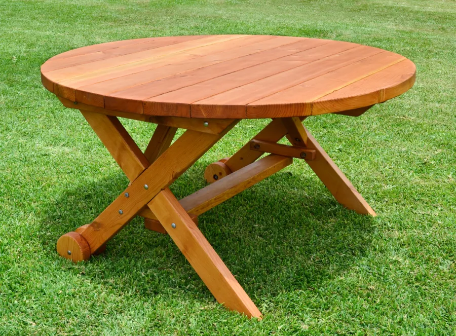 Round Wood Picnic Table with Wheels (Options: 5' Diameter, No Seating, Redwood, Standard Tabletop, No Lazy Susan, No Umbrella Hole, Transparent Premium Sealant).