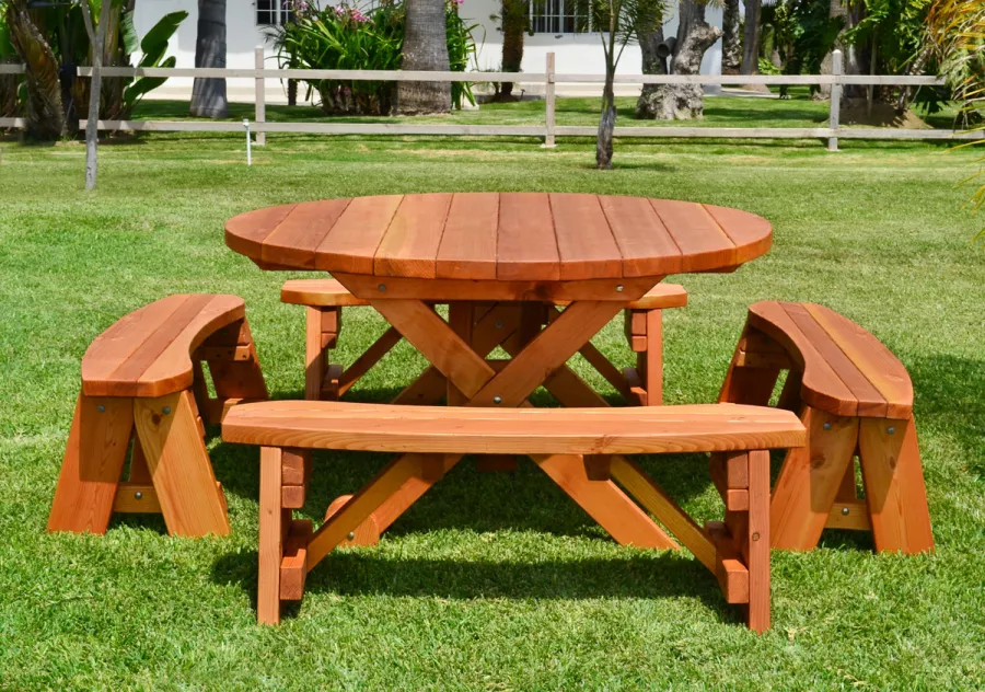 Round Wood Picnic Table with Wheels (Options: 5' Diameter, Unattached Benches, Redwood, Round Picnic Benches, Standard Tabletop, No Lazy Susan, No Umbrella Hole, Transparent Premium Sealant).