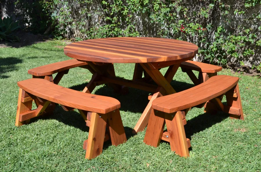 Round Wood Picnic Table with Wheels (Options: 5' Diameter, Unattached Benches, Redwood, Round Picnic Benches, Standard Tabletop, No Lazy Susan, Umbrella Hole & Plug, Transparent Premium Sealant).