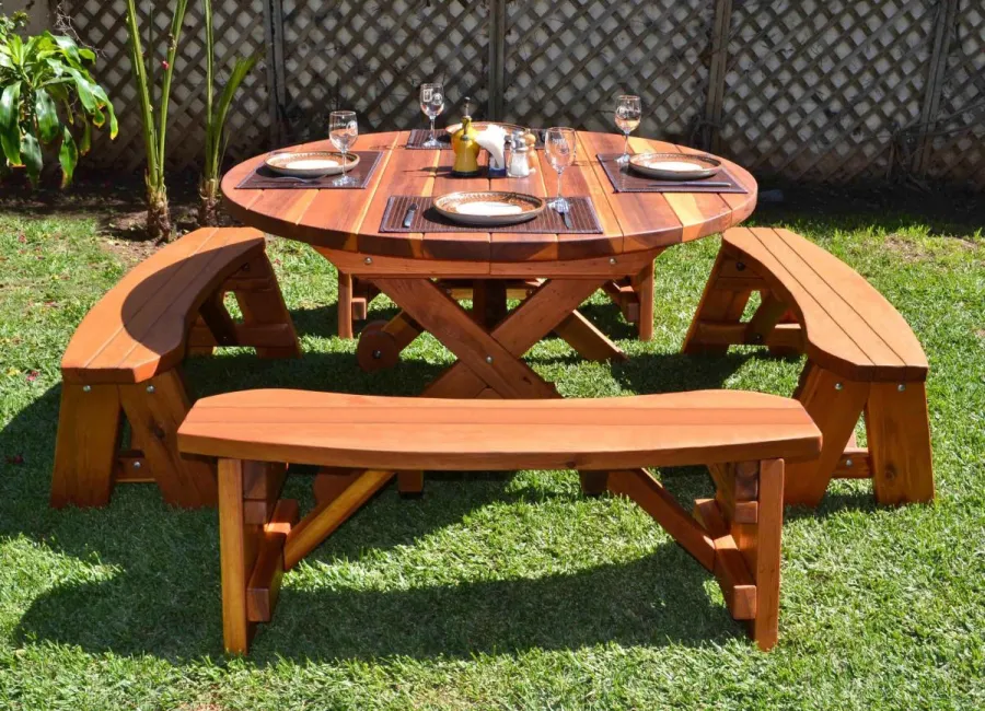 Round Wood Picnic Table with Wheels (Options: 5' Diameter, Unattached Benches,  Redwood, Round Picnic Benches, Standard Tabletop, No Lazy Susan, Umbrella Hole & Plug, Transparent Premium Sealant).
