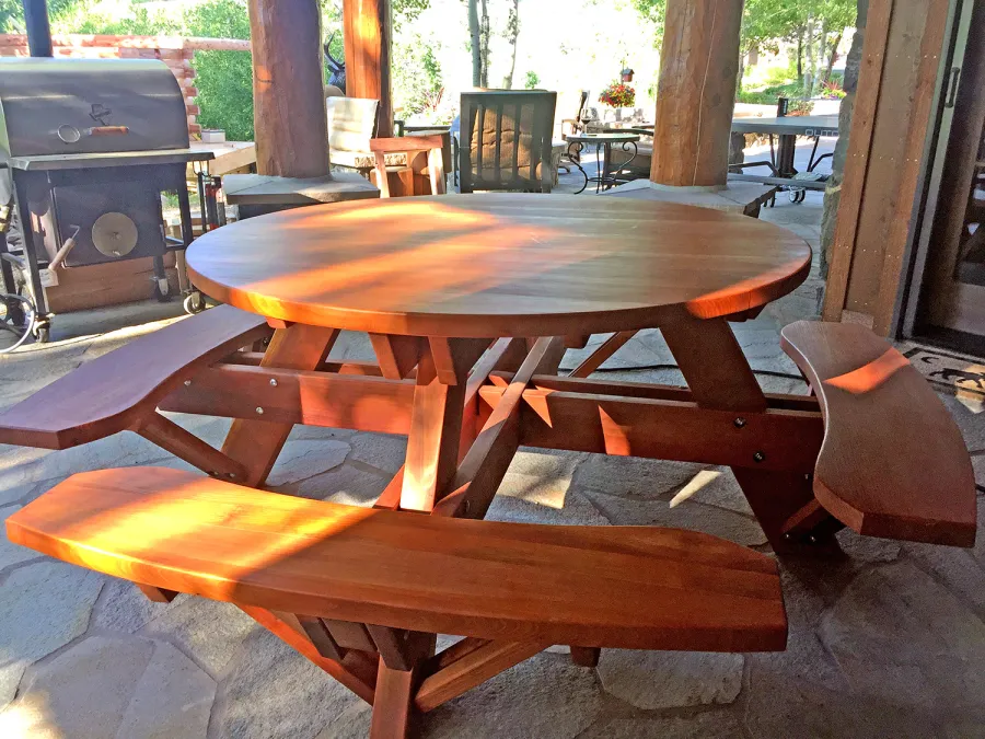 Round Wooden Picnic Tables (Attached Benches) (Options: 5' Diameter, Attached Benches, California Redwood, Seamless Tabletop, No Lazy Susan, No Umbrella Hole, Transparent Premium Sealant). Photo Courtesy of Brett Nann of Steamboat Springs, Colorado.