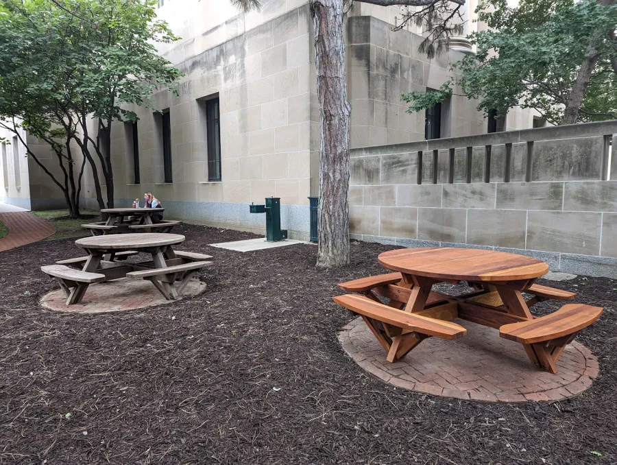 Round Wooden Picnic Tables (Attached Benches) (Options: 5' Diameter, Attached Benches, California Redwood, Standard Tabletop, No Lazy Susan, No Umbrella Hole & Plug, Transparent Premium Sealant). Photo Also Shows 2 Old Round Picnic Tables. Photo Courtesy of J. Reeves of Kansas City, MO.