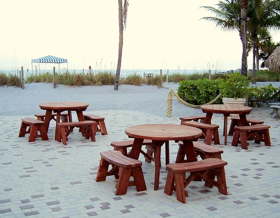 Sunset in the Florida Keys: Round Wooden Picnic Tables (Detached Benches), Old-Growth Redwood