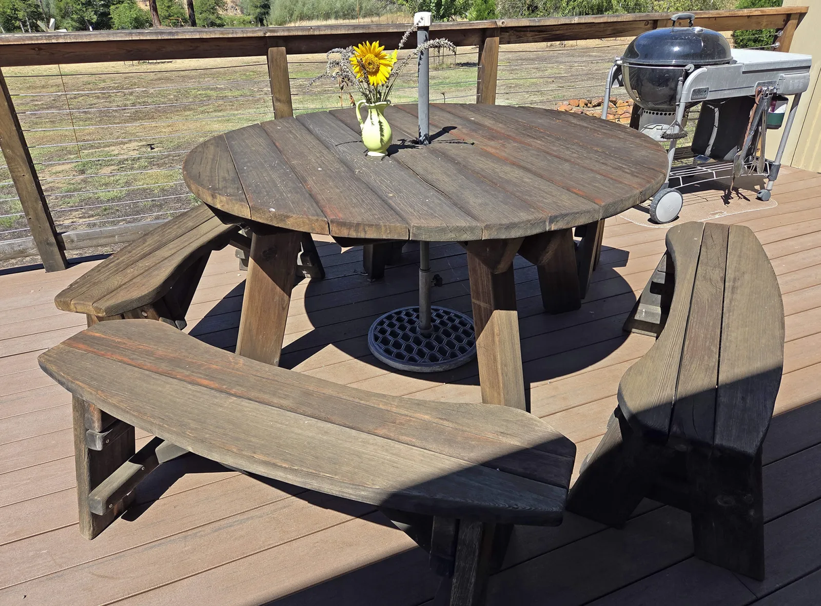 Round Wooden Picnic Table (Detached Benches), California Redwood, in Lewiston, CA